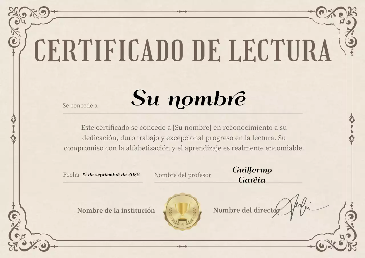 Premio certificado de lectura clásico en beige y marrón