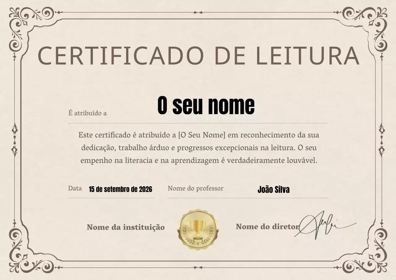Prémio de certificado de leitura clássico em bege e castanho