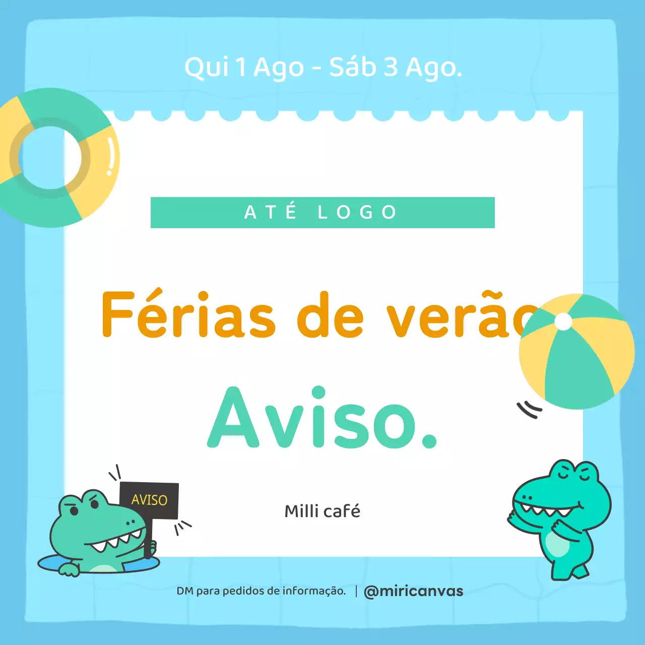 Anúncio de férias de verão em azul claro e verde.