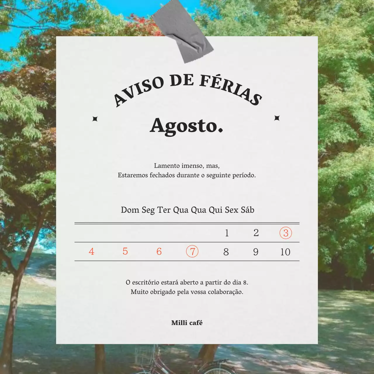 Aviso minimalista de férias de verão em cinzento e preto.