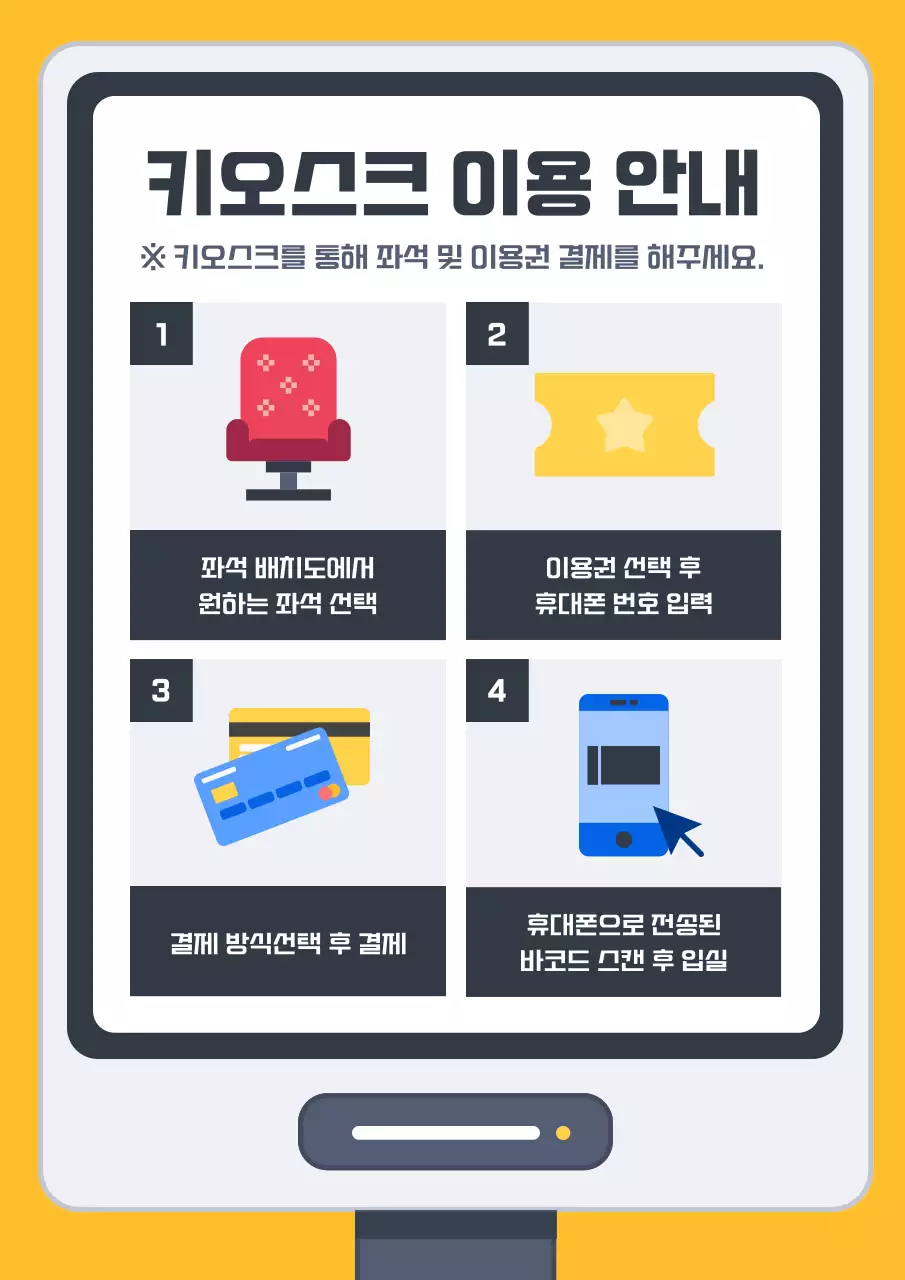노랑과 회색의 아기자기한 키오스크 사용 방법 설명