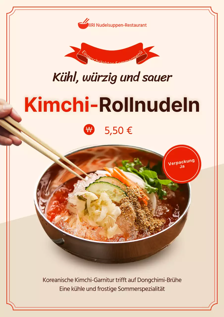 Werbung für ein neues Gericht mit gerollten Kimchi-Nudeln in schlichten Rot- und Elfenbeinfarben