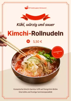 Werbung für ein neues Gericht mit gerollten Kimchi-Nudeln in schlichten Rot- und Elfenbeinfarben