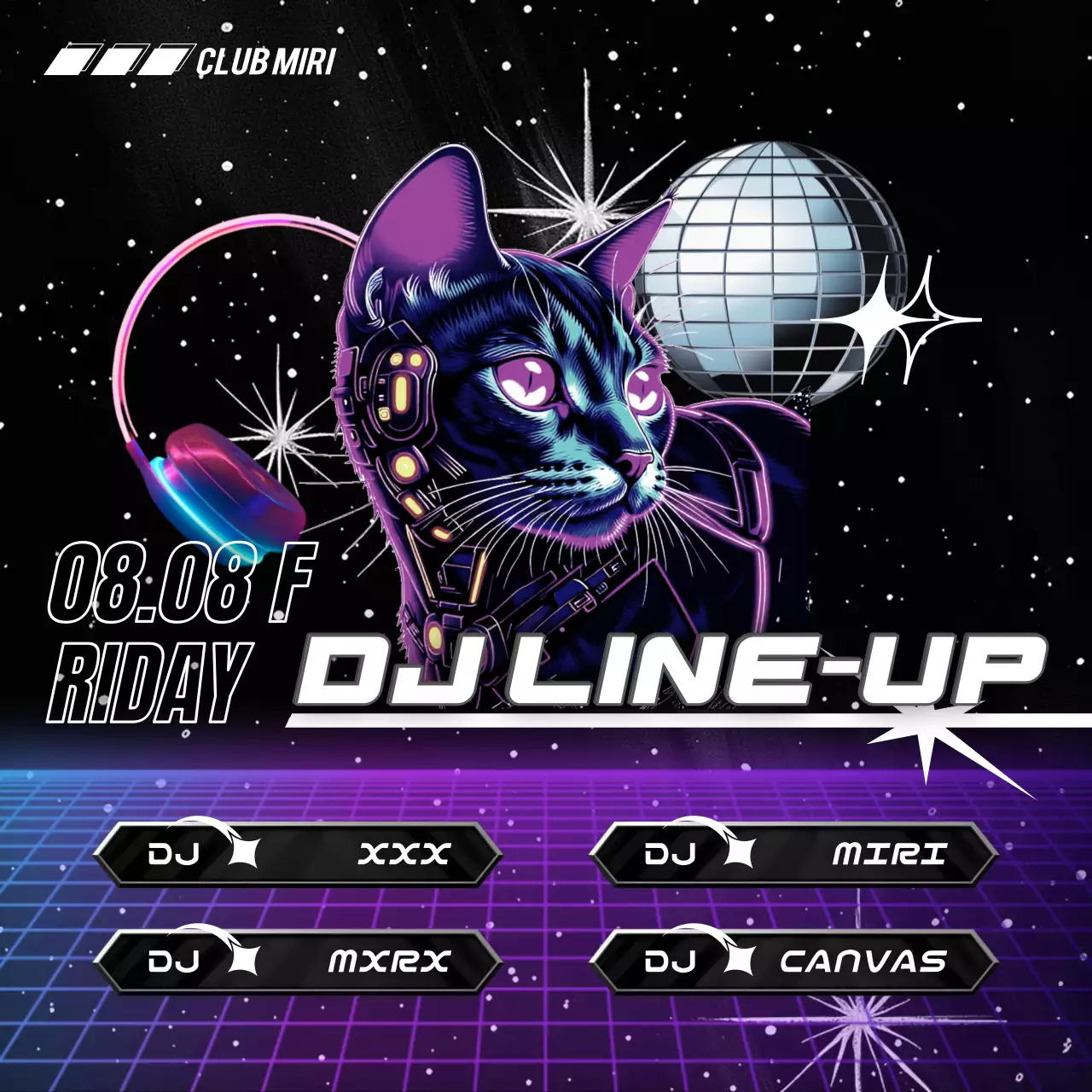 Een line-up van cyberpunk-geïnspireerde dj-sets in zwart en paars