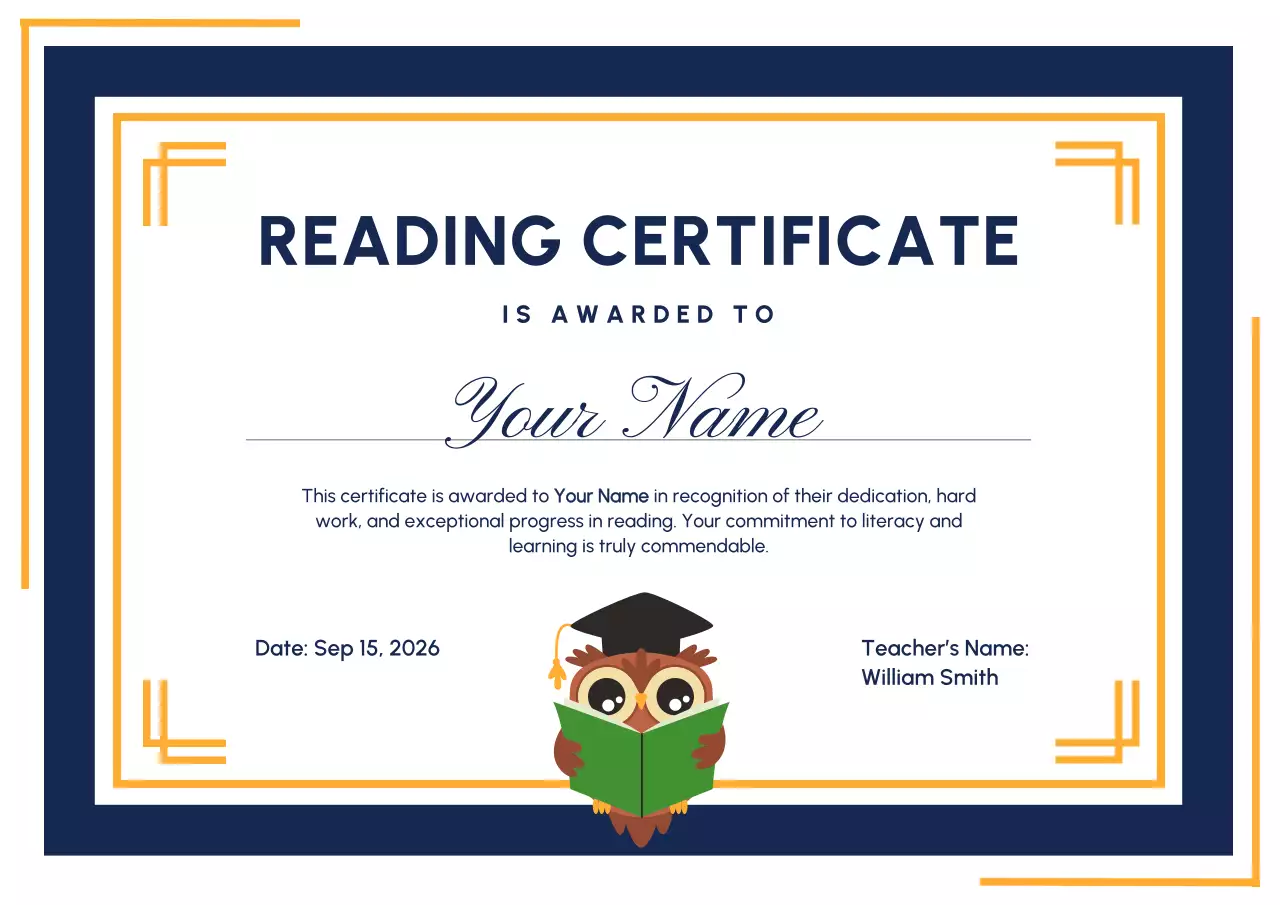 Navy Simple Reading Certificate Poster