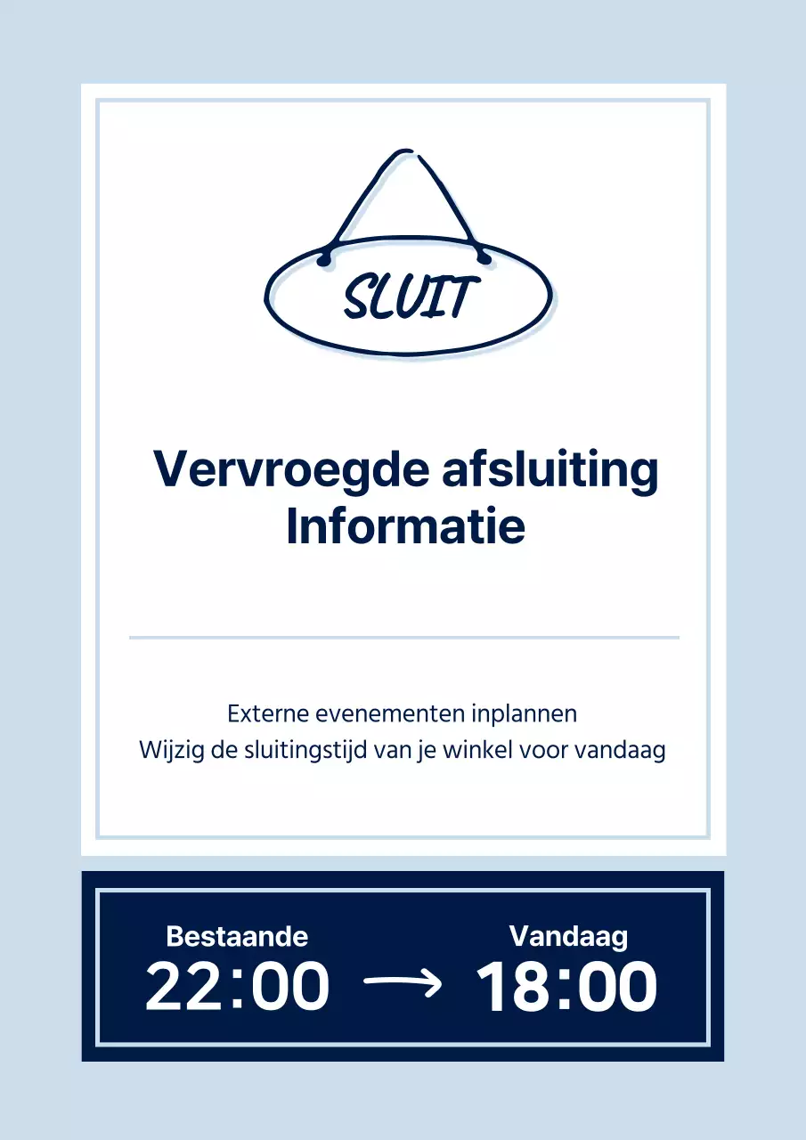 Een eenvoudige aankondiging van vervroegde sluiting in lichtblauw en marineblauw