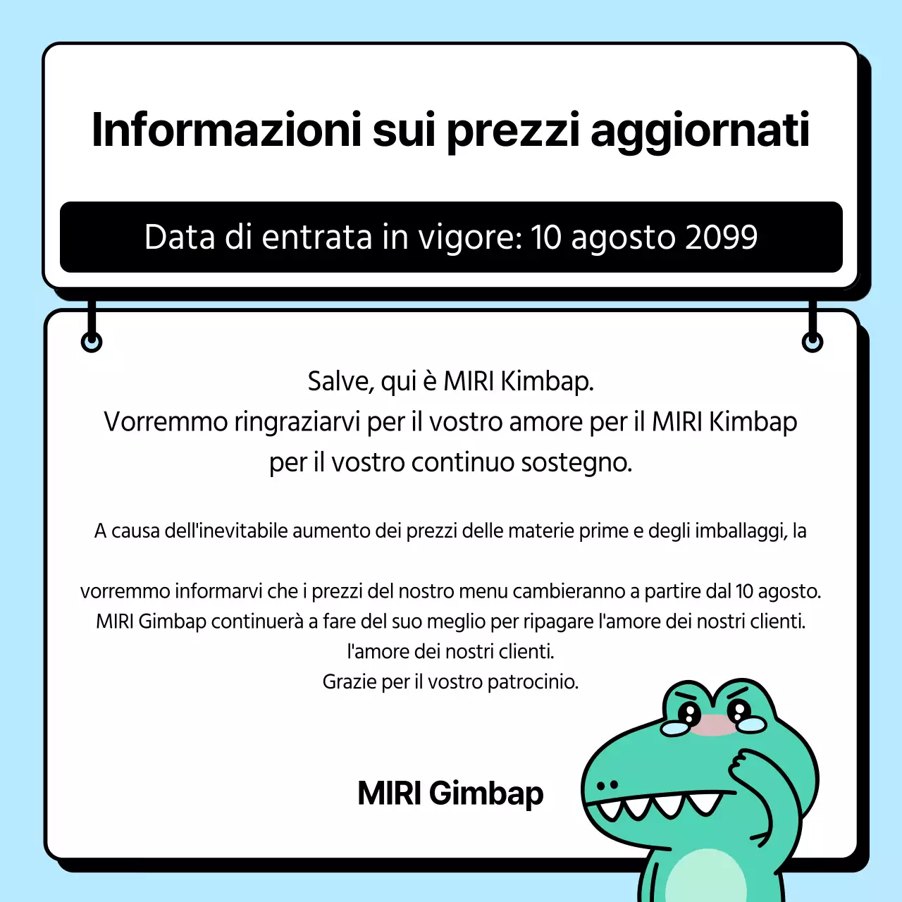 Annuncio di adeguamento dei prezzi con caratteri chiari e puliti