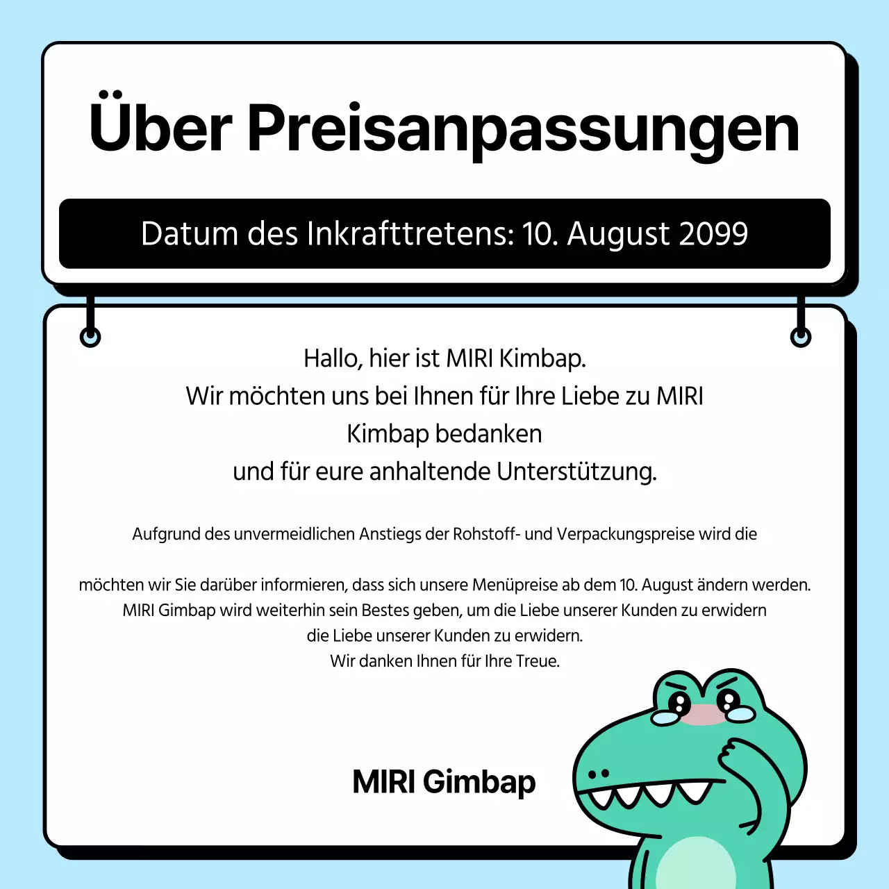 Ankündigung der Preisanpassung mit hellblauer, sauberer Schrift