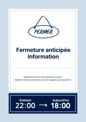 Un avis de fermeture anticipée simple en bleu clair et bleu marine