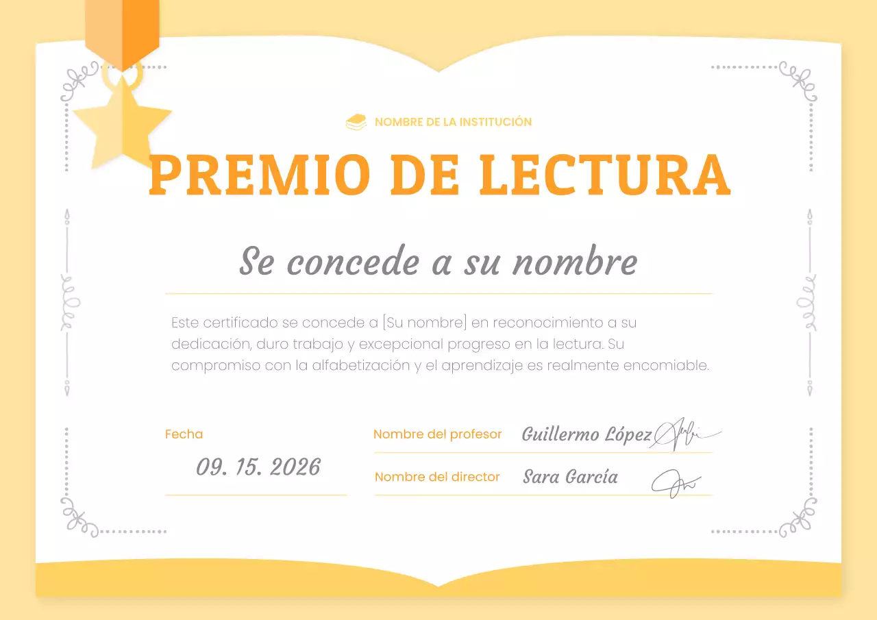 Un bonito certificado de lectura amarillo y naranja