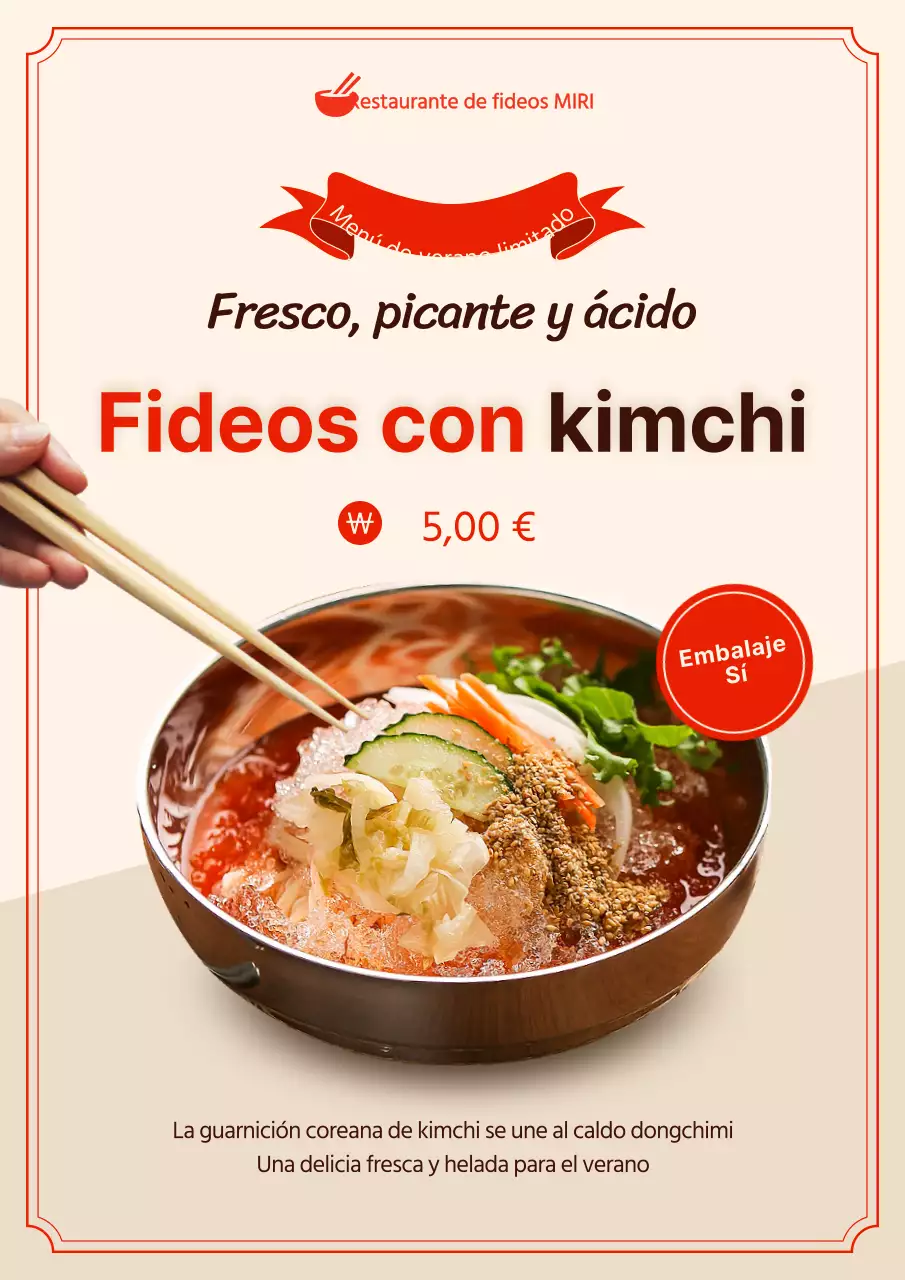 Promociona un nuevo plato de fideos enrollados con kimchi con sencillos colores rojo y marfil