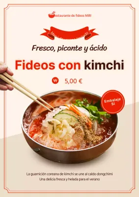 Promociona un nuevo plato de fideos enrollados con kimchi con sencillos colores rojo y marfil