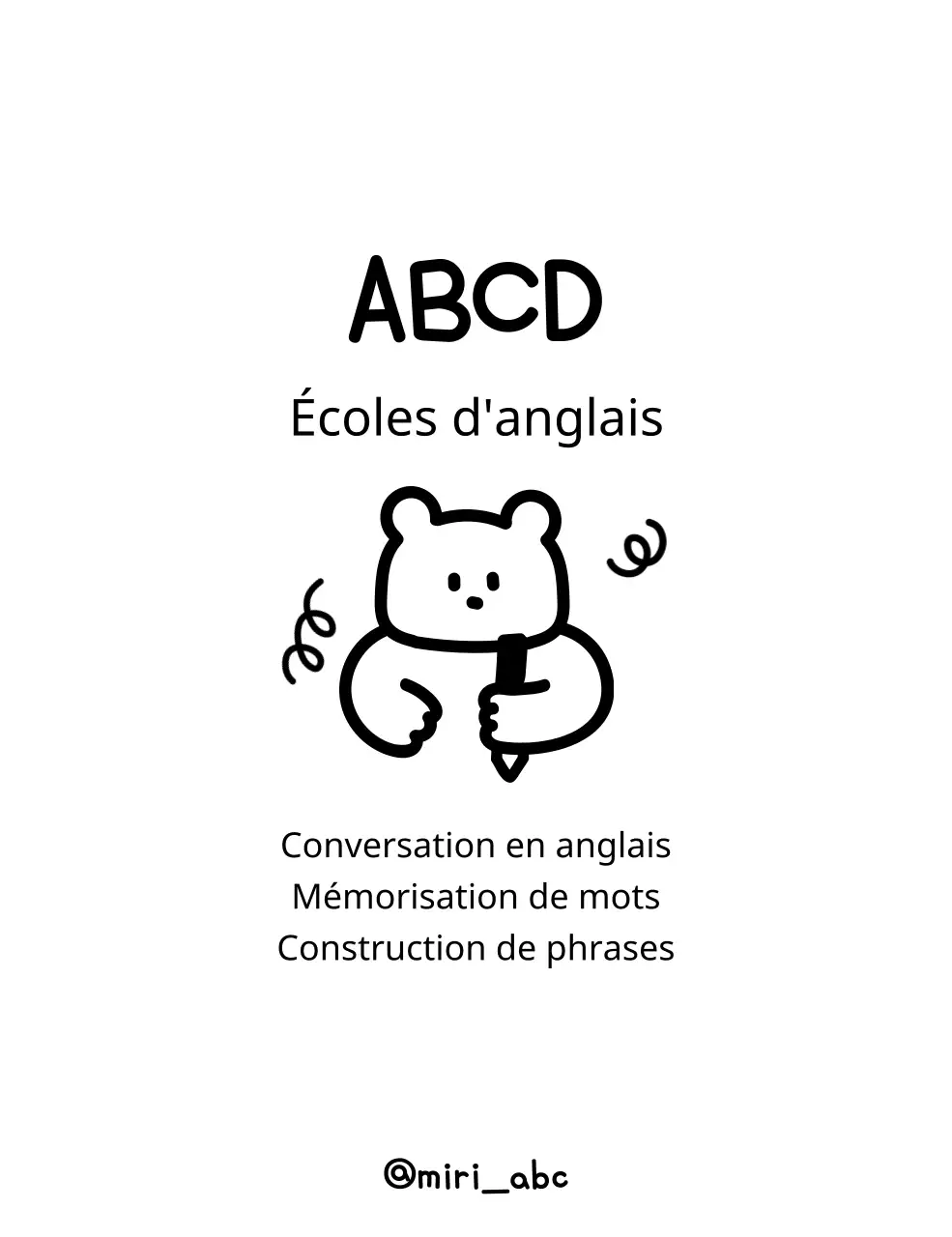 École d'anglais avec de jolies illustrations d'ours en peluche