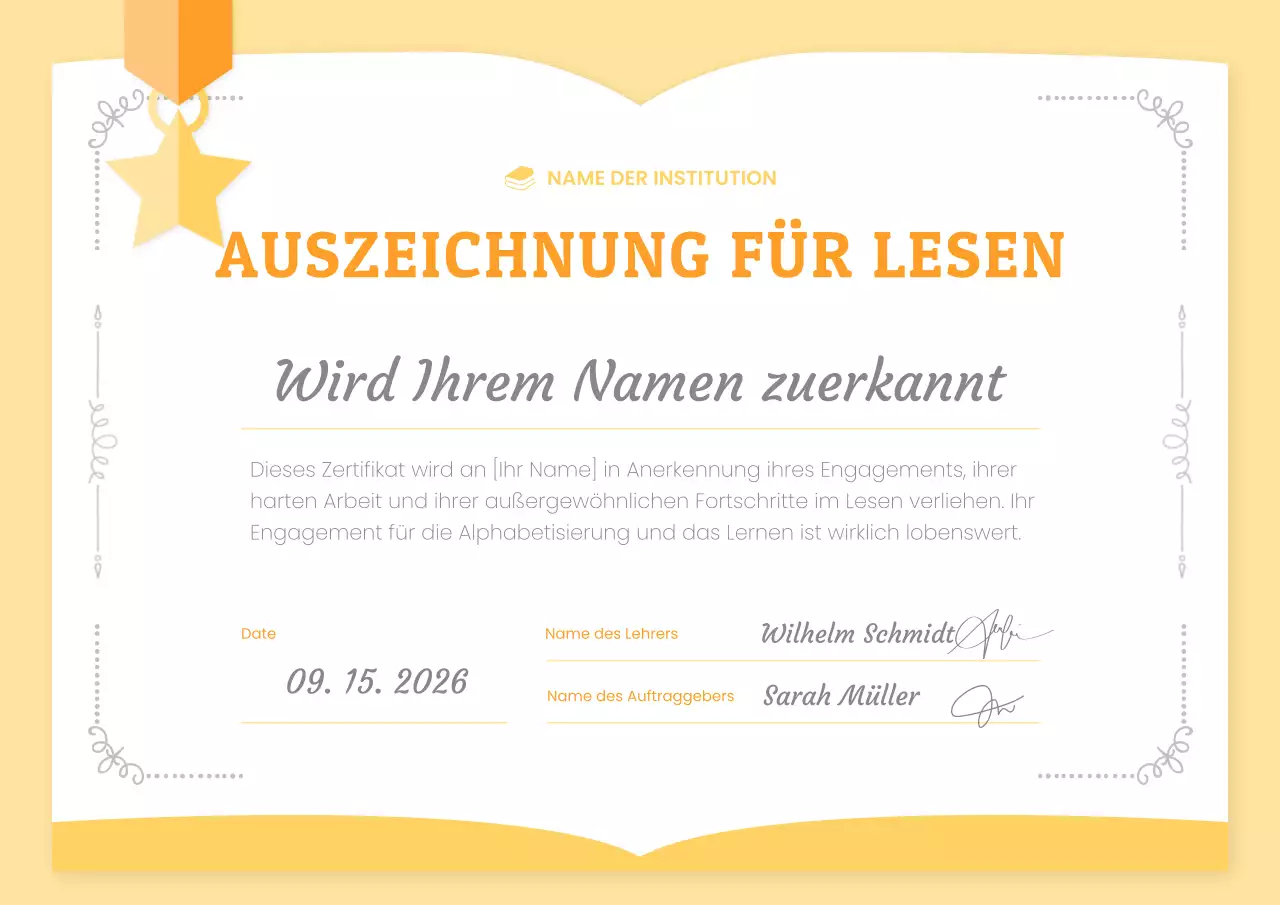 Eine niedliche gelbe und orangefarbene Auszeichnung für ein Lesezertifikat