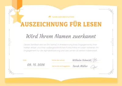 Eine niedliche gelbe und orangefarbene Auszeichnung für ein Lesezertifikat