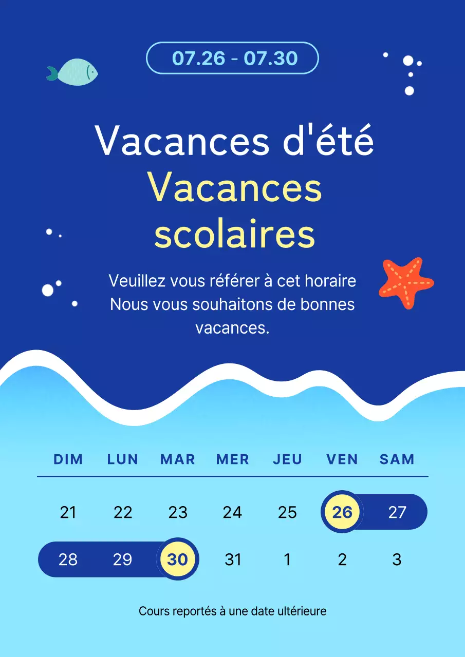 Annonce de la fermeture des vacances d'été en bleu et bleu clair