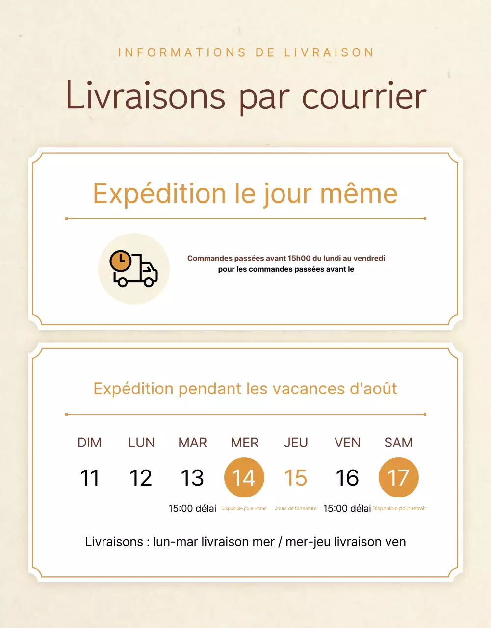 Promouvoir un magasin de plats d'accompagnement à l'aspect traditionnel dans les tons beige et orange