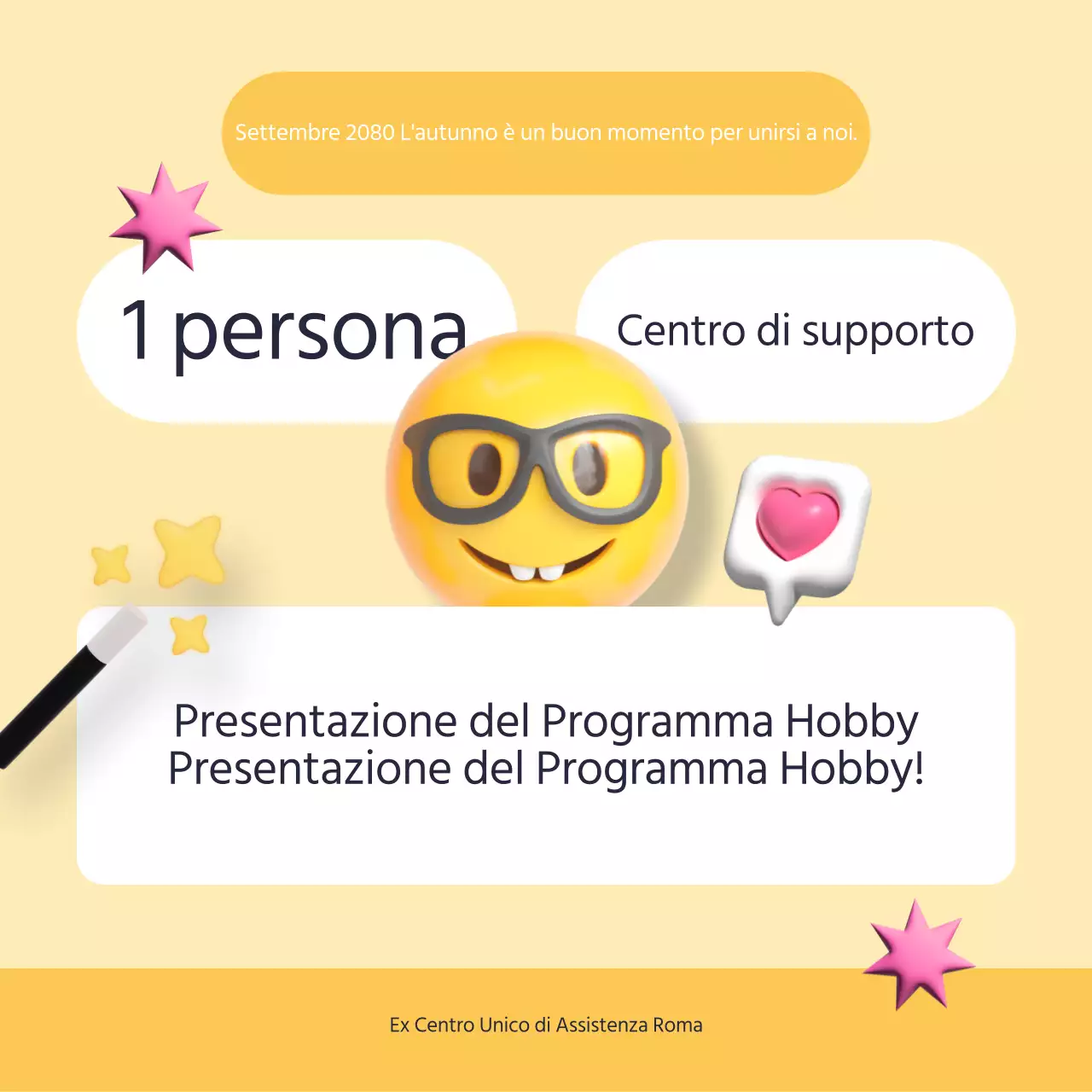 Presentazione del programma di centri di assistenza monopersonale di tendenza in giallo e azzurro