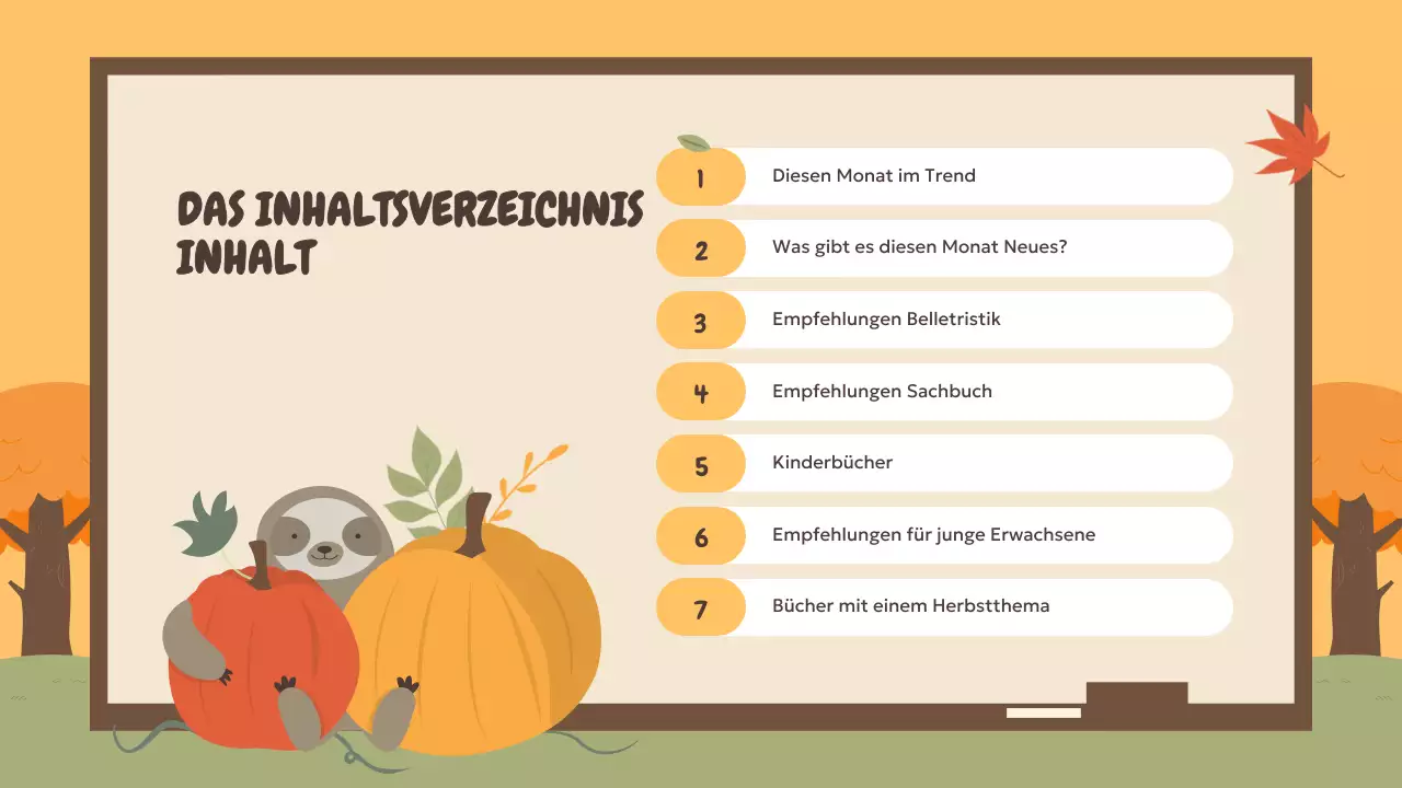 Eine Auswahl an herbstlichen Buchempfehlungen in Orange und Grün