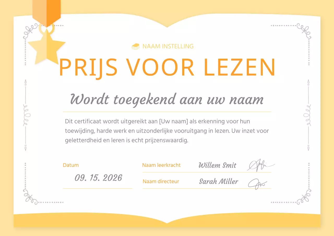 Een leuke geel met oranje prijs voor een leescertificaat
