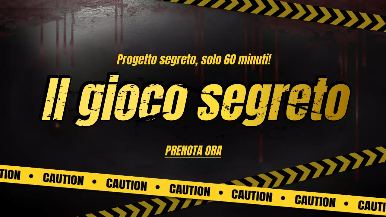 Pubblicità del gioco della stanza della fuga con accenti neri e gialli