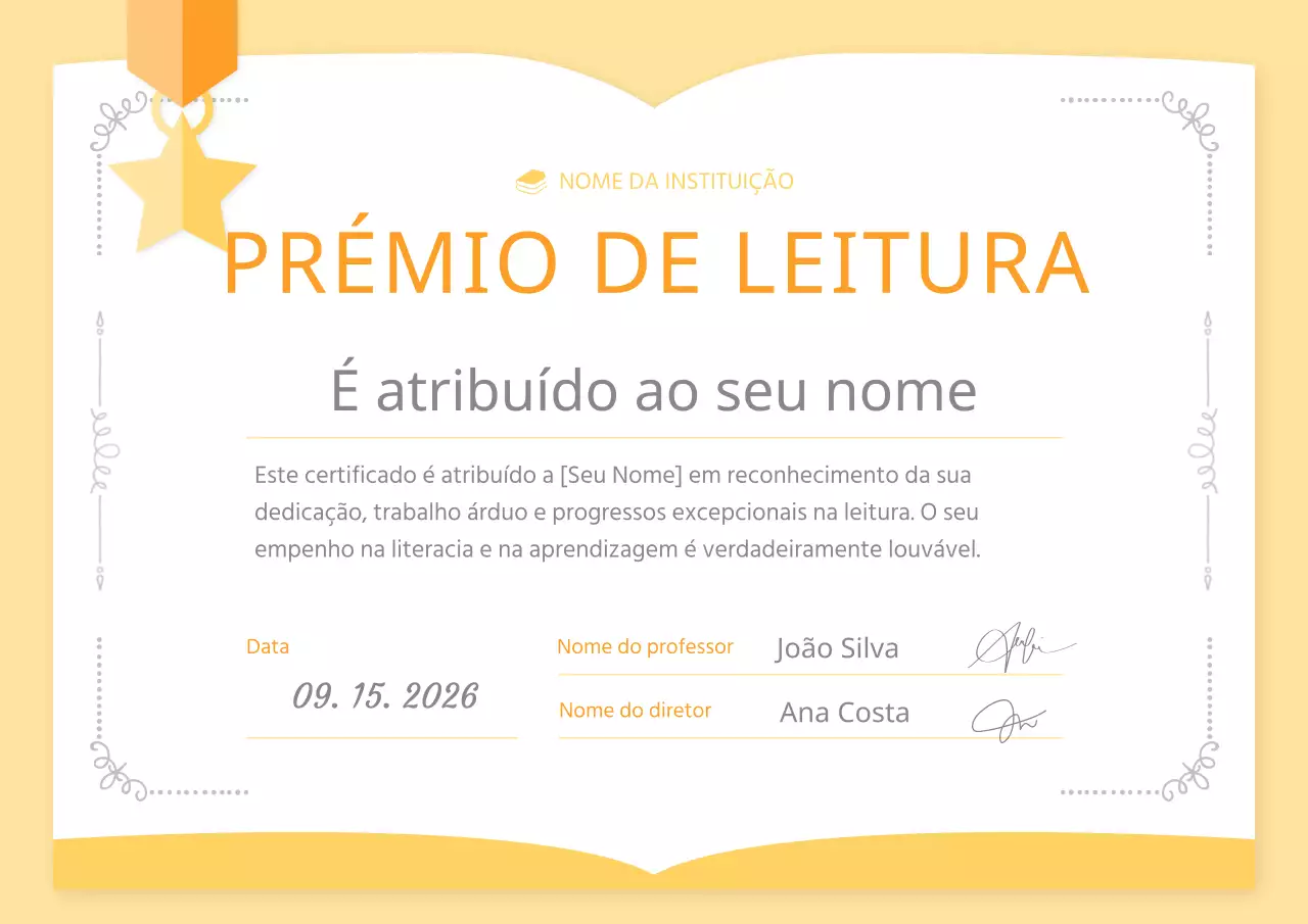 Um bonito prémio de certificado de leitura amarelo e laranja