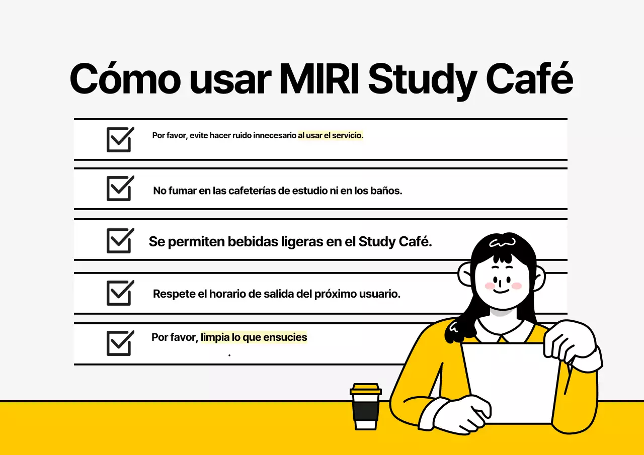 Un sencillo café-estudio gris y amarillo con algunos recordatorios