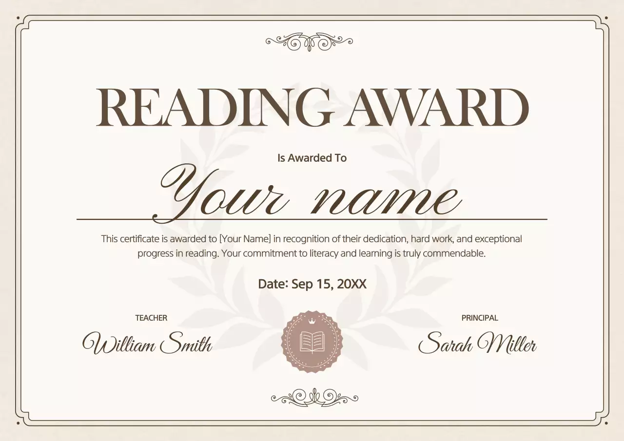 Beige Elegant Reading Certificate Poster