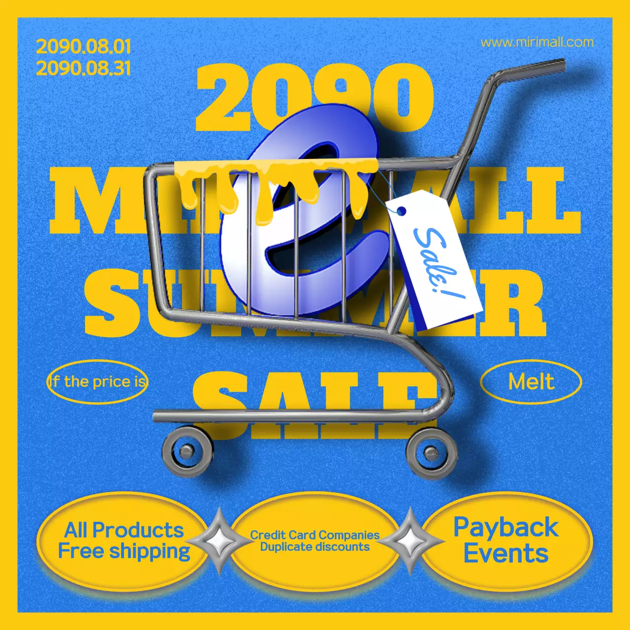 Anúncio de saldos de verão com toques azuis e amarelos