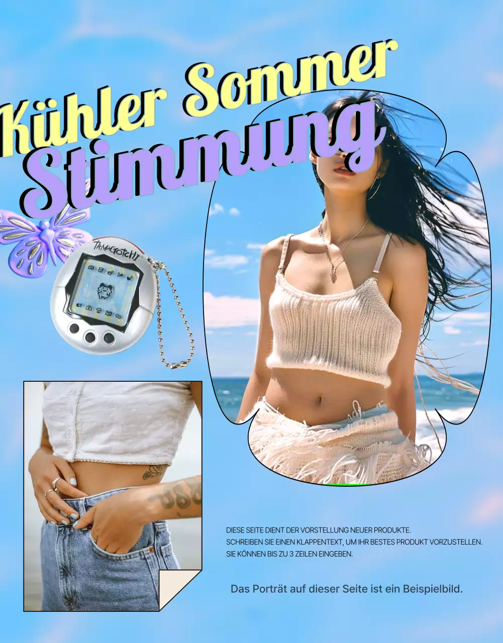 Kitschige Y2K-Modeanzeige in Hellblau