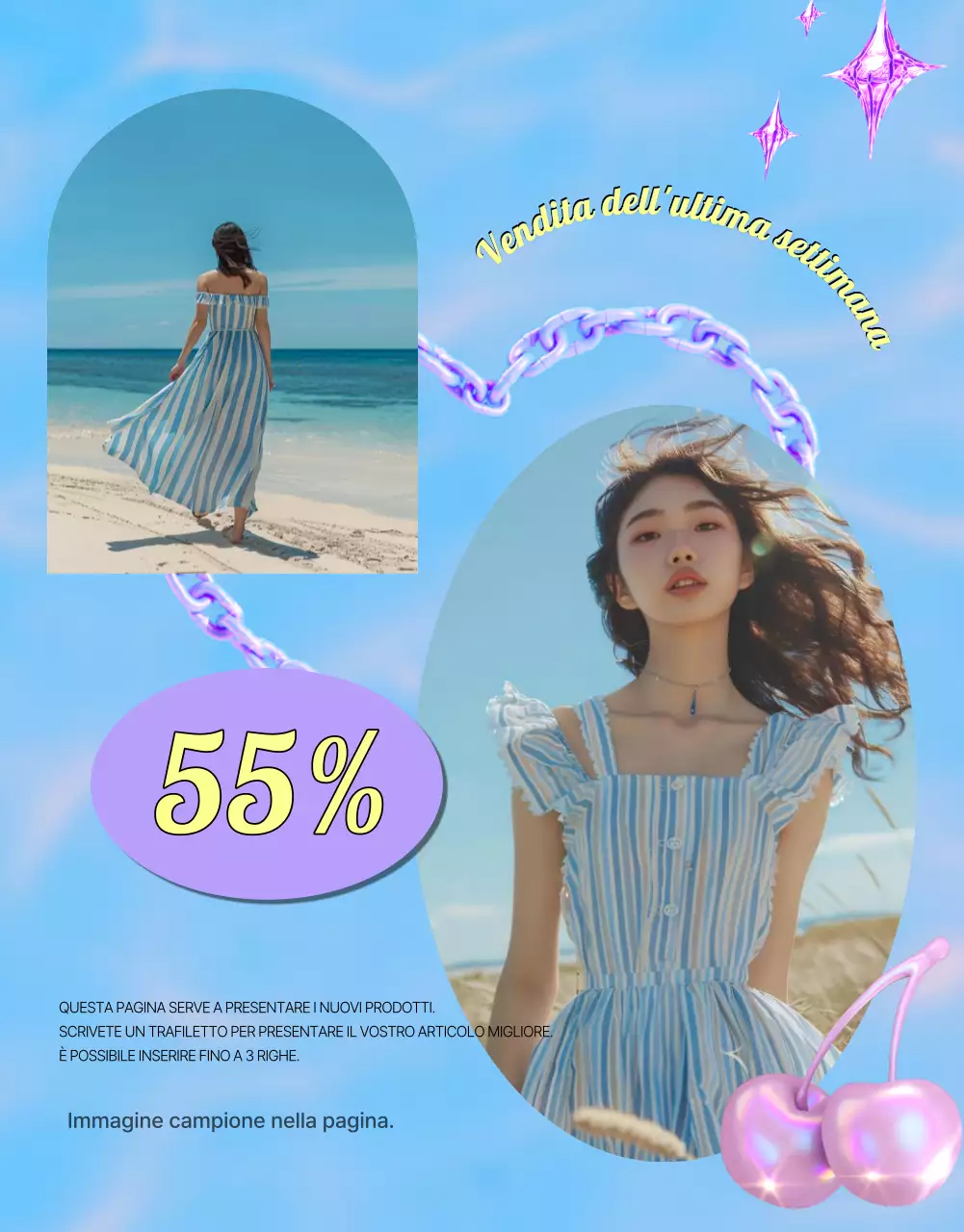 Pubblicità di moda kitsch per l'anno 2000 in azzurro