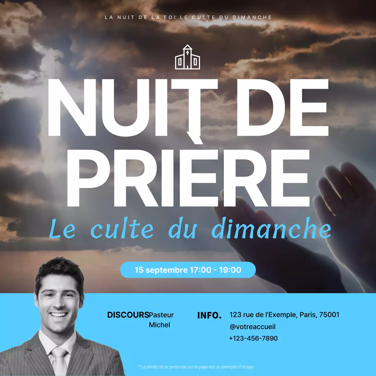 Promouvoir une réunion de prière simple en blanc et bleu clair