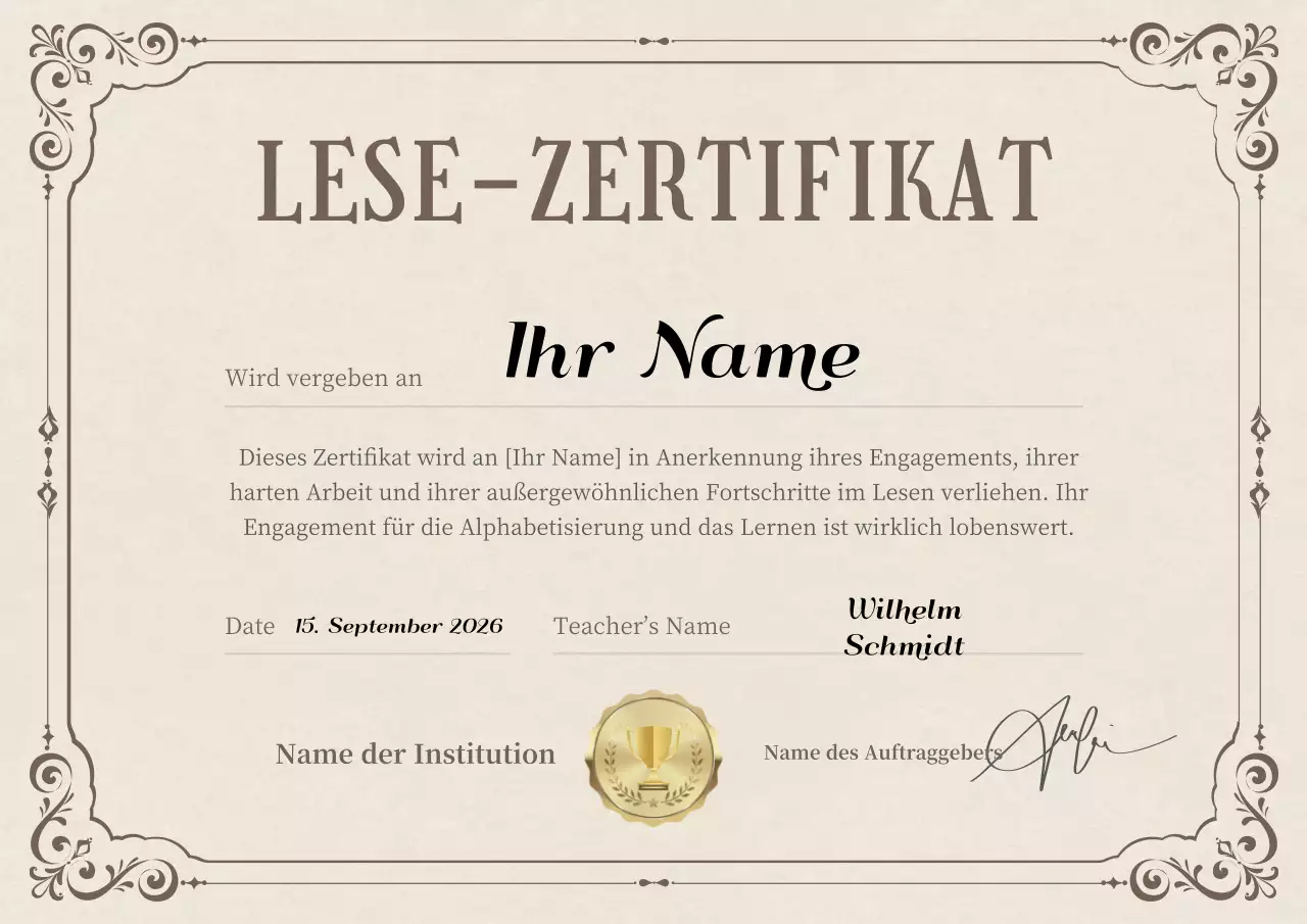 Klassischer Lesezertifikatspreis in Beige und Braun