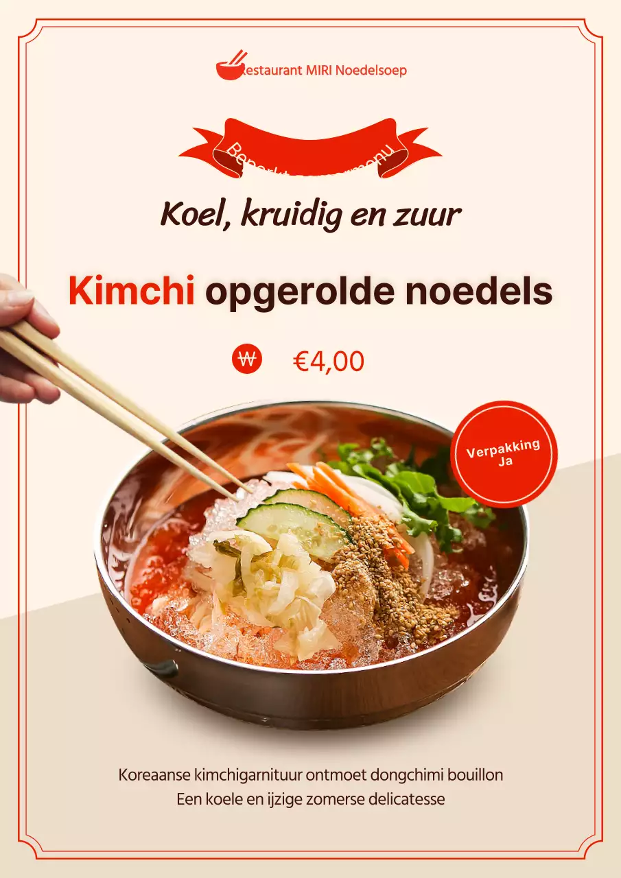Promoot een nieuwe kimchi-rolnoedelschotel met eenvoudige rode en ivoorkleurige kleuren