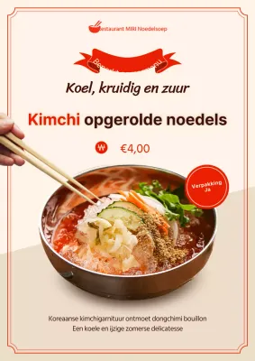 Promoot een nieuwe kimchi-rolnoedelschotel met eenvoudige rode en ivoorkleurige kleuren