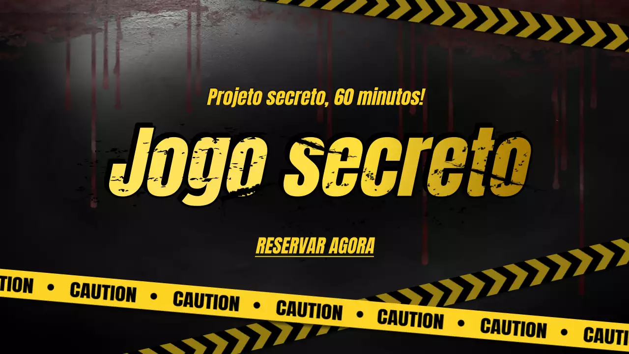 Anúncio do jogo Escape room com detalhes em preto e amarelo