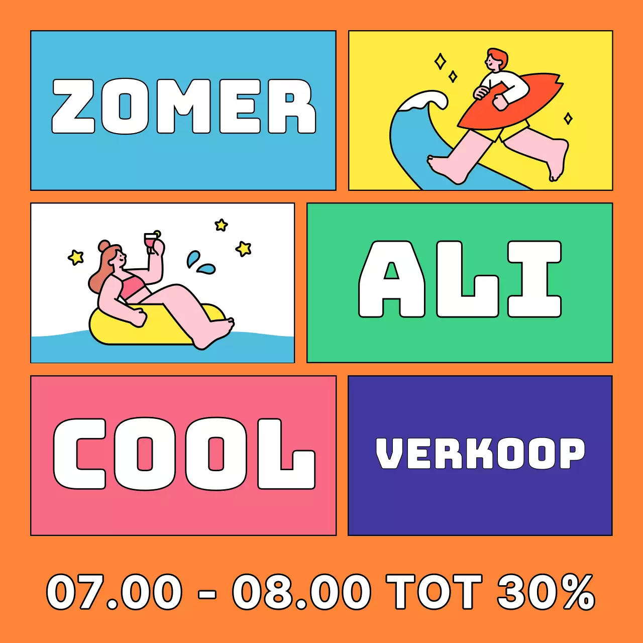 Verkoopadvertentie in retrostijl in geel en oranje