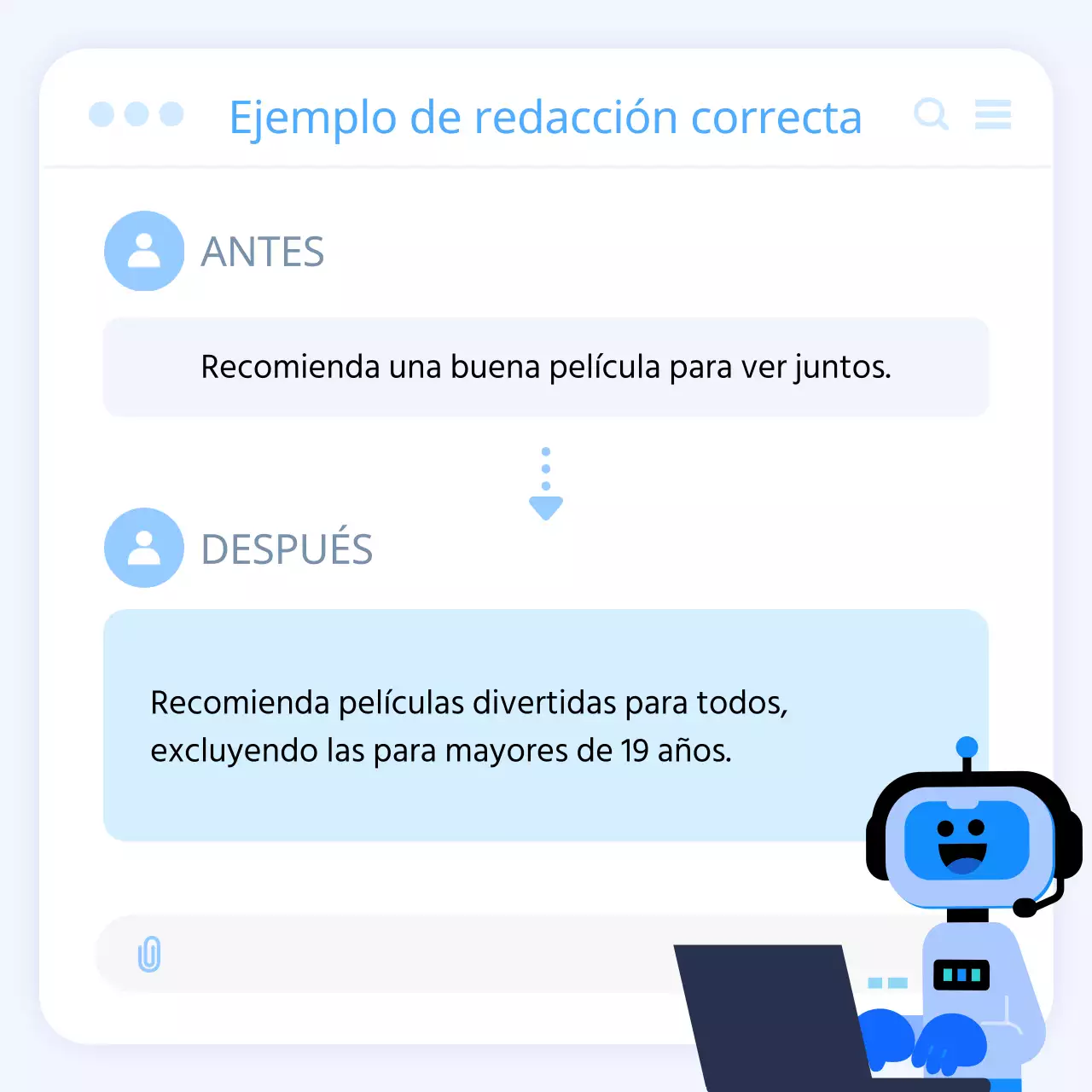 Guía para escribir mensajes de inteligencia artificial con una interfaz de usuario en blanco y azul claro