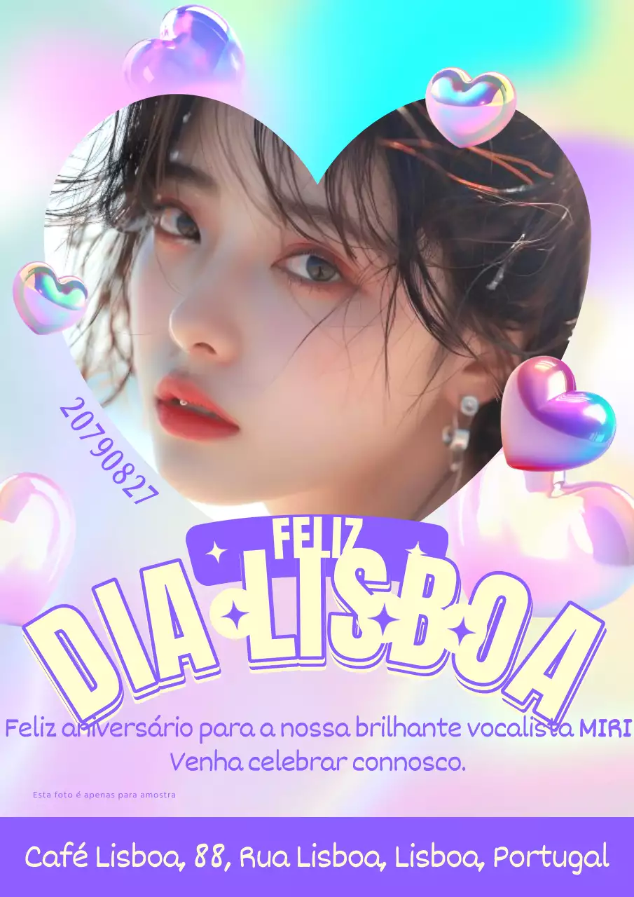 Um anúncio de aniversário de um ídolo kitsch em cores roxas e fluorescentes