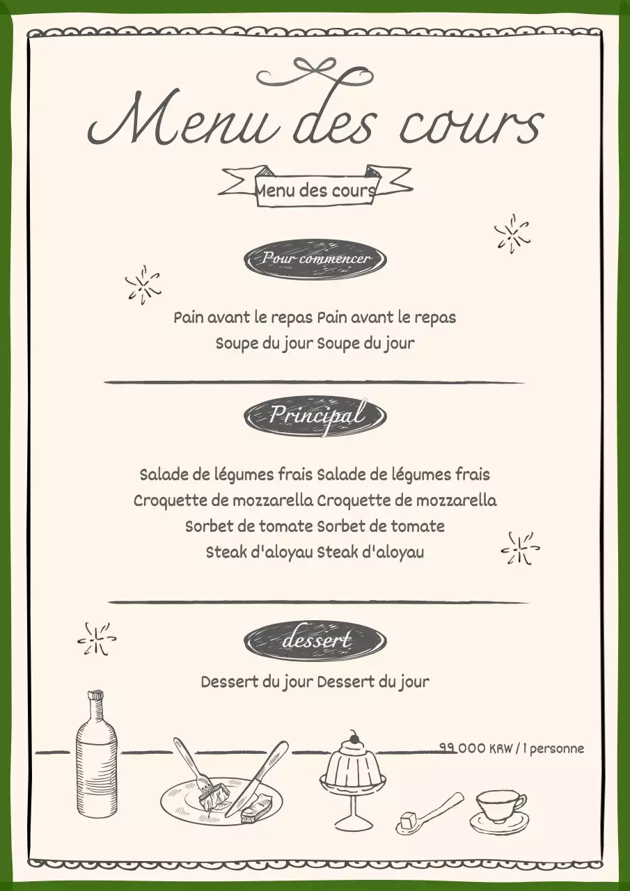 Une collection de tableaux de menu de restaurant tendance en vert et ivoire