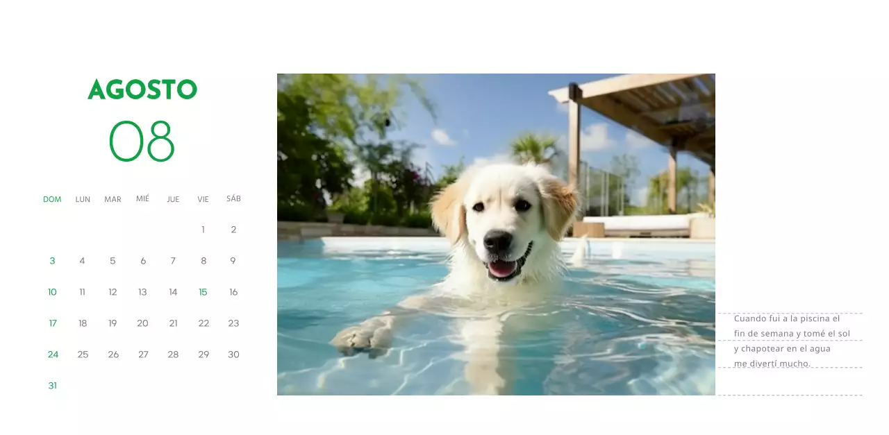 Un calendario con una foto de un cachorro y un bonito mensaje en color verde
