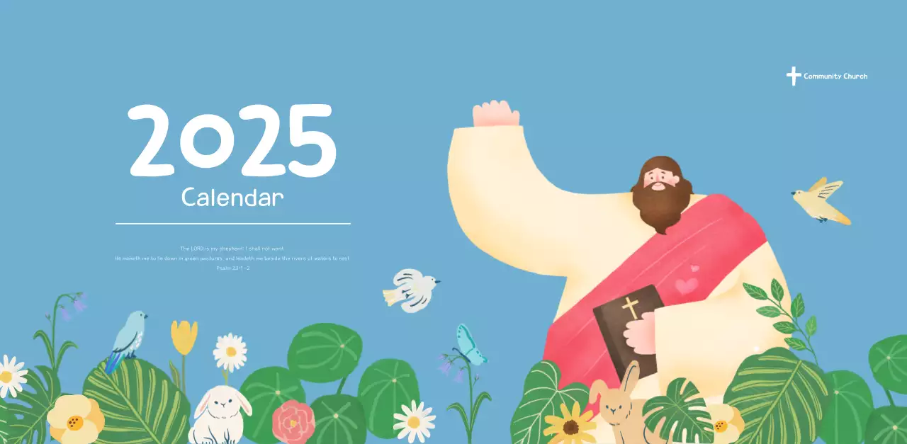 Word calendar with cozy illustrations and Bible verses on a light blue background