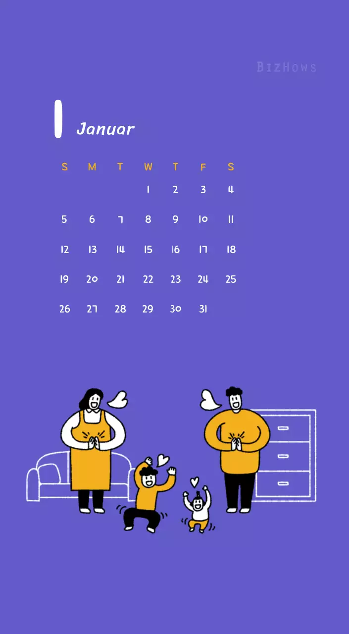 Neujahrskalender mit niedlichen Illustrationen