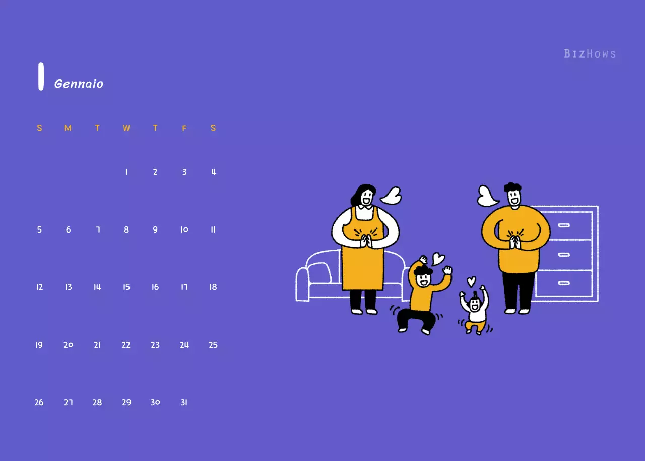 Calendario di Capodanno con simpatiche illustrazioni