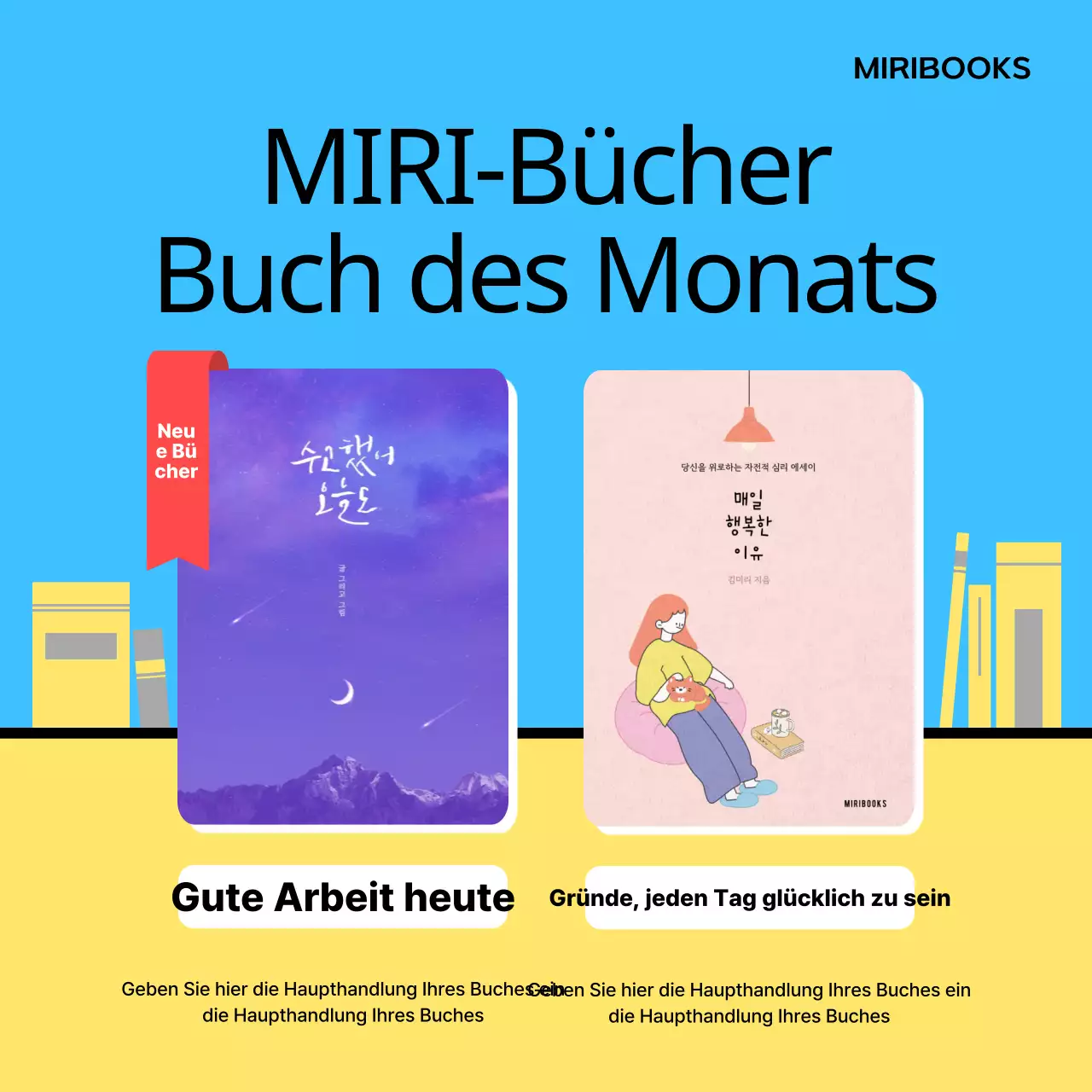 Werbung für einen minimalistischen Sommer-Buchclub in Gelb und Blau