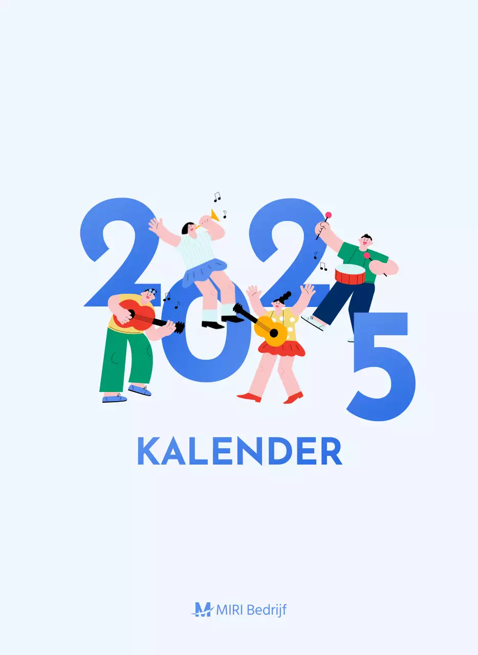 Motiverende kalender met energieke illustraties en positieve citaten op een lichtblauwe achtergrond