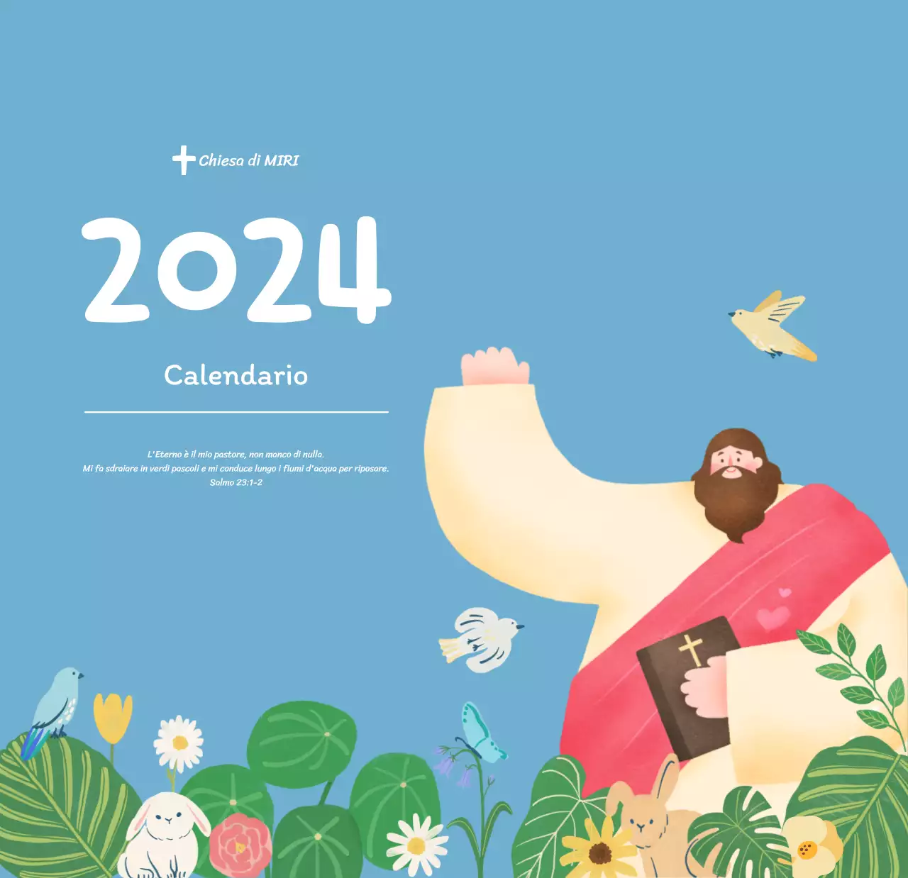 Un calendario devozionale con illustrazioni accoglienti e versetti della Bibbia su uno sfondo blu chiaro