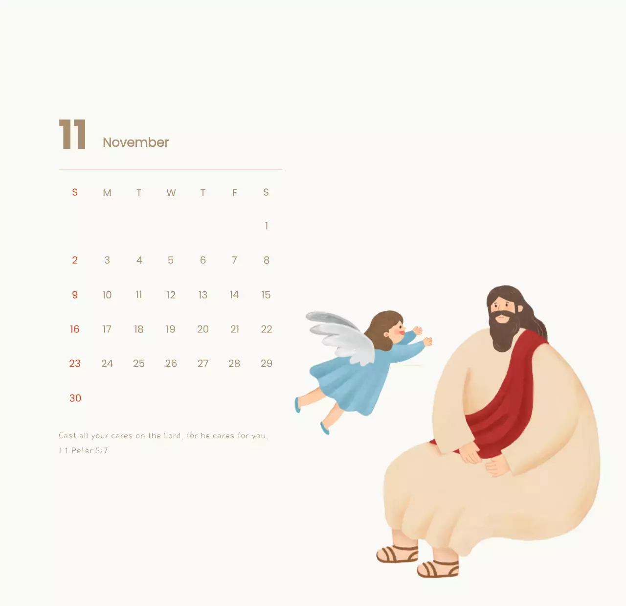 Lịch từ với những hình minh họa ấm cúng và những câu Kinh thánh trên nền xanh nhạt