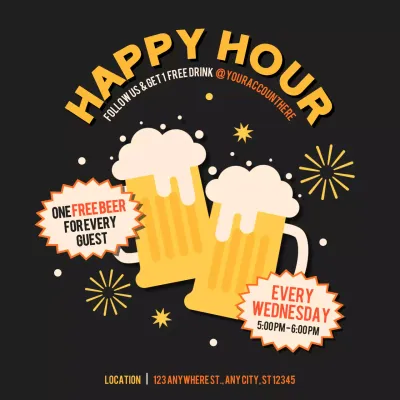 Black Retro Happy Hour Promotion Social Media Post