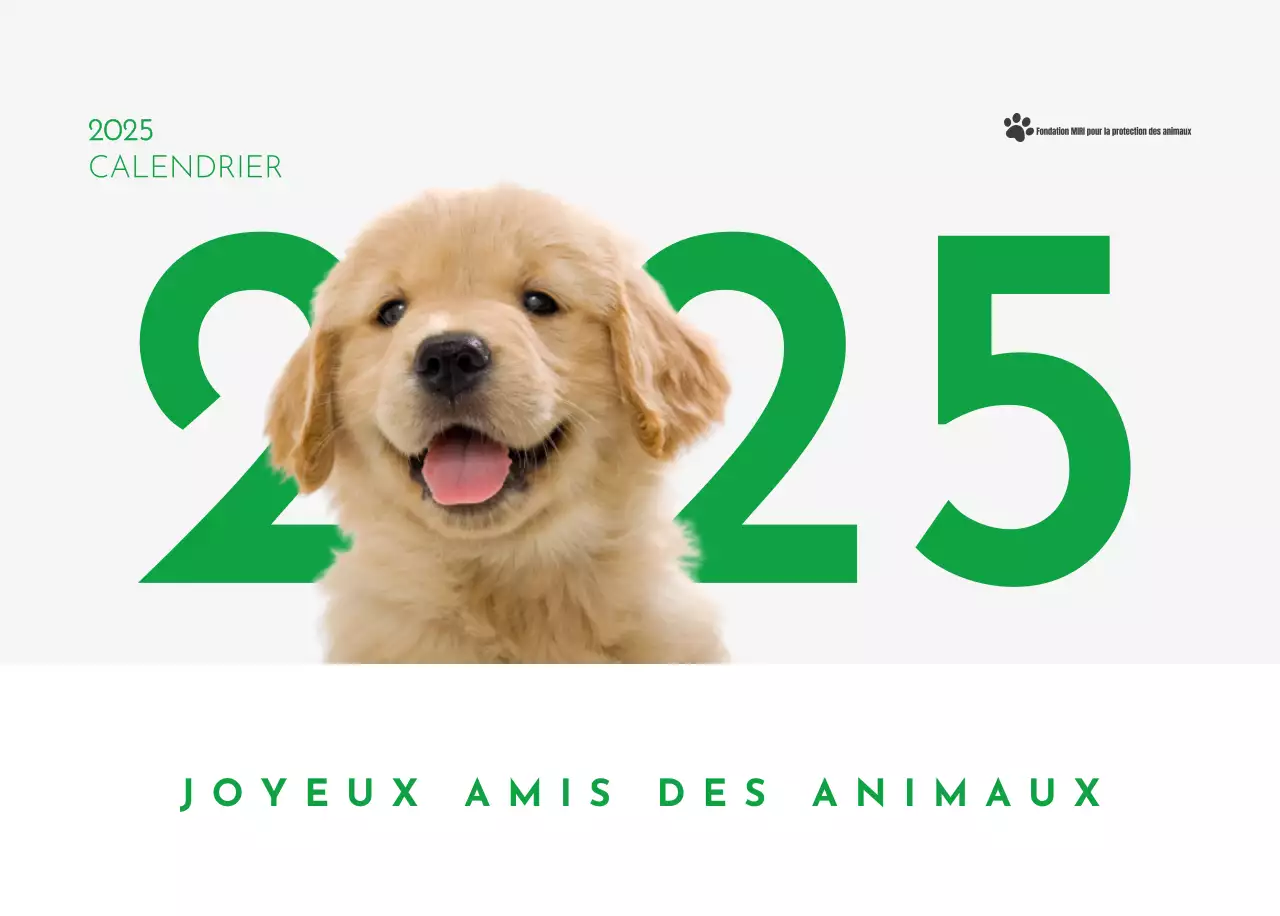 Un calendrier avec une photo de chiot et un message mignon dans une couleur verte.